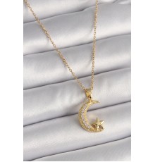 316L Çelik Gold Renk Zincir Zirkon Taşlı Hilal Model Yıldız Detay Kadın Kolye