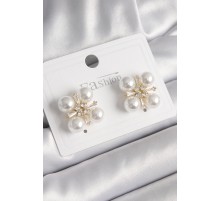 Pirinç Gold Renk Zirkon Taşlı İncili Kadın Küpe