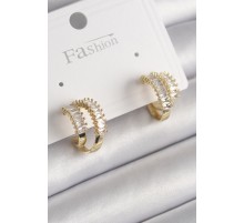 Pirinç Gold Renk 2'Li Zirkon Taşlı Halka Model Kadın Küpe