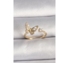 Pirinç Gold Renk Zirkon Taşlı Kelebek Model İnci Detay Ayarlanabilir Yüzük