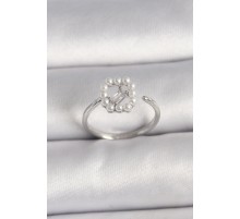 Pirinç Gümüş Renk Zirkon Taş Detaylı İncili Ayarlanabilir Yüzük