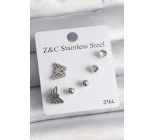 316L Çelik Gümüş Renk Zirkon Taşlı Kelebek Model Kadın Küpe Seti
