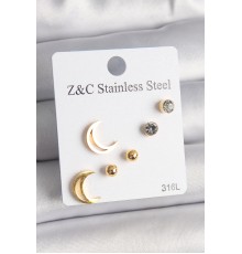 316L Çelik Gold Renk Zirkon Taşlı Hilal Model Kadın Küpe Seti