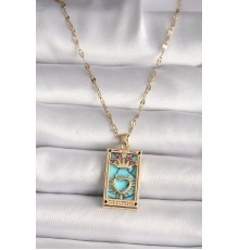 316L Gold Renk Pembe Zirkon Taşlı Taç Kalp Portre Model Kadın Kolye