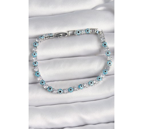 Pirinç Gümüş Renk Su Yolu Zirkon Taşlı Nazar Boncuklu Kadın Bileklik