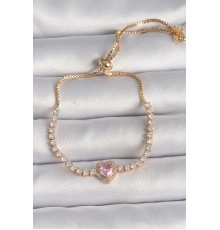 Pirinç Gold Renk Su Yolu Zirkon Taşlı Pembe Zirkon Taşlı Kalp Asansör Model Charm Kadın Bileklik