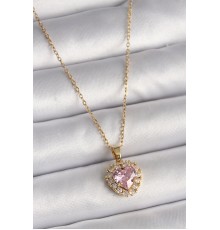 316L Çelik Gold Renk Zincir Pembe Zirkon Taşlı Kalp Model Kadın Kolye