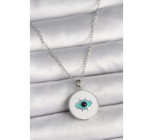 316L Çelik Gümüş Renk Zincir Beyaz Mineli Turkuaz Göz İşleme Model Kadın Kolye