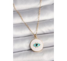 316L Çelik Gold Renk Zincir Beyaz Mineli Turkuaz Göz İşleme Model Kadın Kolye