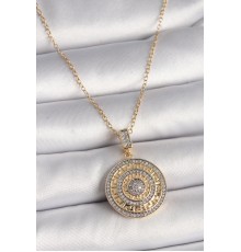316L Çelik Gold Renk Zincir Zirkon Taşlı Madalyon Model Labirent İşleme Kadın Kolye