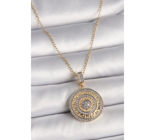 316L Çelik Gold Renk Zincir Zirkon Taşlı Madalyon Model Labirent İşleme Kadın Kolye 316L Çelik Gold Renk Zincir Zirkon Taşlı Madalyon Model Labirent İşleme Kadın Kolye
