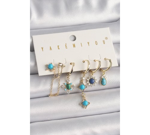 Pirinç Gold Renk Zirkon Taşlı Mavi Boncuklu Çiçek Model VIP Seri Kadın Küpe Kombini Pirinç Gold Renk Zirkon Taşlı Mavi Boncuklu Çiçek Model VIP Seri Kadın Küpe Kombini