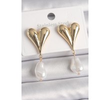 Pirinç Gold Renk Kalp Model Sallantı İnci Damla Model Kadın Küpe