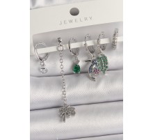 Pirinç Gümüş Renk Sallantı Zirkon Taşlı Ağaç Figür Çoklu Kadın Küpe Seti