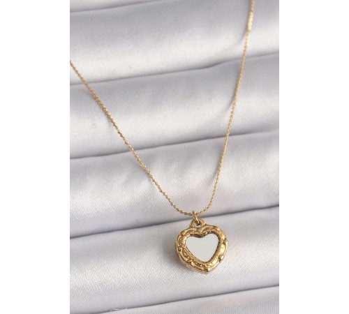 316L Çelik Gold Renk Zincir Sedefli Kalp Model Kadın Kolye