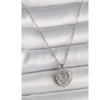 316L Çelik Gümüş Renk Zincir Zirkon Taşlı Kalp Model Kadın Kolye