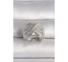 Pirinç Gümüş Renk Ayarlanabilir Zirkon Taşlı X Model Kadın Yüzük