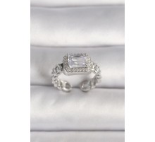 Pirinç Gümüş Renk Ayarlanabilir Zincir Kare Zirkon Taşlı Kadın Yüzük