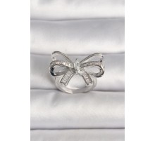 Pirinç Gümüş Renk Ayarlanabilir Zirkon Taşlı Kurdele Model Kadın Yüzük