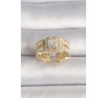 Pirinç Gold Renk Ayarlanabilir Baget Zirkon Taş Model Kadın Yüzük