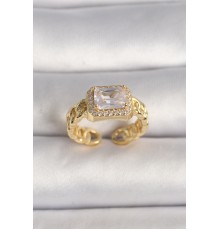 Pirinç Gold Renk Zincir Model Kare Zirkon Taşlı Kadın Yüzük
