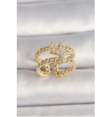 Pirinç Gold Renk 2'Li Zincir Zirkon Taşlı Yıldız Figür Kadın Yüzük
