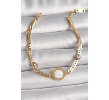 316L Çelik Gold Renk Yassı Zincir Model Zirkon Taş Detaylı Beyaz Mineli Madalyon Model Kadın Bileklik