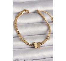 316L Çelik Gold Renk Yassı Zincir Zirkon Taşlı Simli Kelebek Figür Kadın Bileklik