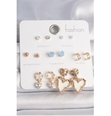 Pirinç Gold Renk Zirkon Taşlı Sallantı Beyaz Sedefli Kalp Model 7 Çift Kadın Küpe Seti