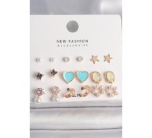 Pirinç Gold Renk Zirkon Taşlı İncili Çiçek Mavi Kalp Figür 9 Çift Kadın Küpe Seti