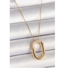 316L Çelik Gold Renk Zirkon Taşlı Oval Model Kadın Kolye
