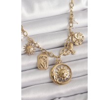 316L Çelik Gold Renk Halka Zincir Sallantı Ay Güneş Figür Kuş Detay Kadın Kolye