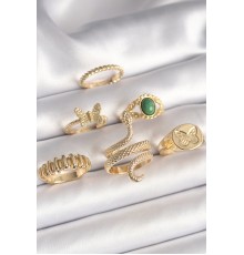 Pirinç Gold Renk İşlemeli Yılan Figür Kelebek Detay 6'Lı Kadın Yüzük Seti