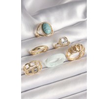 Pirinç Gold Renk Kare Zirkon Taşlı Sarmal Model Mavi Taş Detay 6'Lı Kadın Yüzük Seti