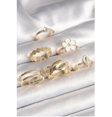 Pirinç Gold Renk Beyaz Çiçek Figür Zirkon Taşlı Kadın 6'Lı Kadın Yüzük Seti