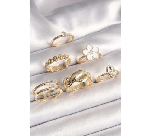 Pirinç Gold Renk Beyaz Çiçek Figür Zirkon Taşlı Kadın 6'Lı Kadın Yüzük Seti Pirinç Gold Renk Beyaz Çiçek Figür Zirkon Taşlı Kadın 6'Lı Kadın Yüzük Seti