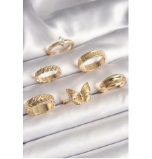 Pirinç Gold Renk Zirkon Taşlı İşleme Detaylı Kelebek Figürlü 6'Lı Kadın Yüzük Seti