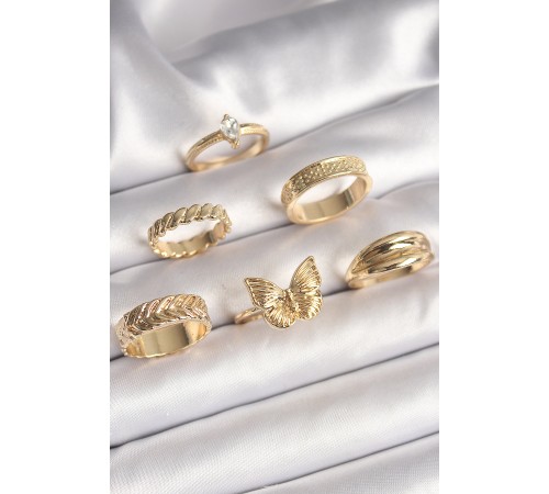 Pirinç Gold Renk Zirkon Taşlı İşleme Detaylı Kelebek Figürlü 6'Lı Kadın Yüzük Seti Pirinç Gold Renk Zirkon Taşlı İşleme Detaylı Kelebek Figürlü 6'Lı Kadın Yüzük Seti