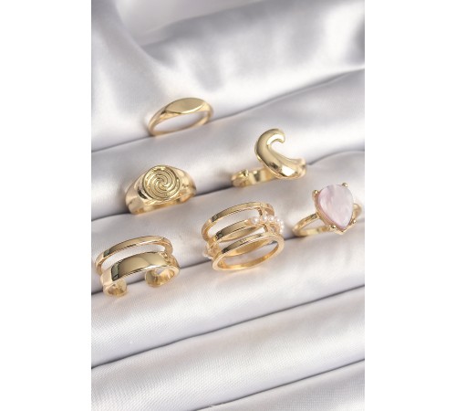 Pirinç Gold Renk Pembe Damla Mineli Sarmal İşleme Detaylı 6'Lı Kadın Yüzük Seti Pirinç Gold Renk Pembe Damla Mineli Sarmal İşleme Detaylı 6'Lı Kadın Yüzük Seti
