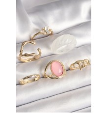 Pirinç Gold Renk Zirkonlı Oval Pembe Mineli 6'Lı Kadın Yüzük Seti