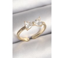 Pirinç Gold Renk Zirkon Taşlı Kalp Fiyonk Model Kadın Yüzük