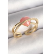 Pirinç Gold Renk Pembe Kristal Kalp Model Zirkon Taş Detaylı Kadın Yüzük