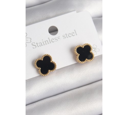 316L Çelik Gold Renk Siyah Yonca Model Kadın Küpe