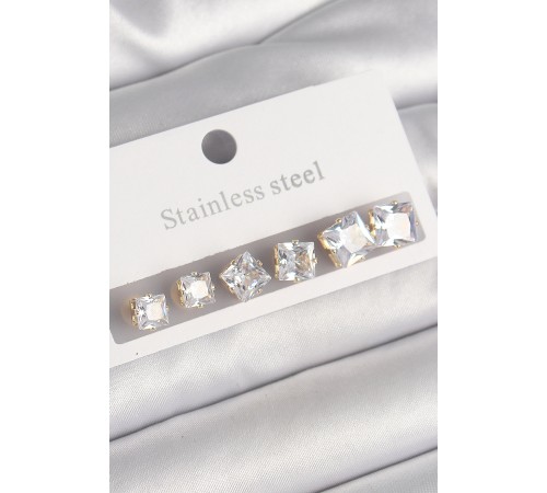 316L Çelik Gold Renk Kare Zirkon Taş Model Kadın Küpe Seti