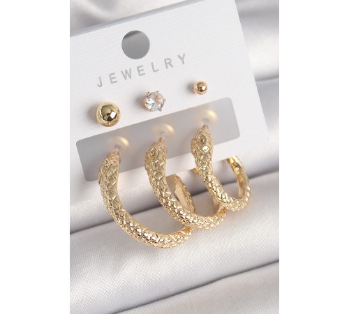 Pirinç Gold Renk Zirkon Taşlı Topçuk Detay Yılan Halka Model Kadın Küpe Seti Pirinç Gold Renk Zirkon Taşlı Topçuk Detay Yılan Halka Model Kadın Küpe Seti