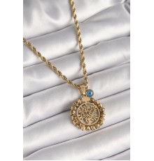 316L Çelik Gold Renk Burgu Zincir Dorika Yaşam Ağacı Figür Nazar Boncuk Detay Kadın Kolye