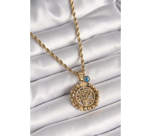 316L Çelik Gold Renk Burgu Zincir Dorika Yaşam Ağacı Figür Nazar Boncuk Detay Kadın Kolye
