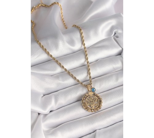 316L Çelik Gold Renk Burgu Zincir Dorika Yaşam Ağacı Figür Nazar Boncuk Detay Kadın Kolye