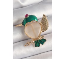 Pirinç Gold Renk Beyaz Mineli Kalp Yeşil Sinek Kuşu Model Pembe Zirkon Taş Detay Kadın Broş