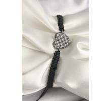 Pirinç Füme Renk Zirkon Taşlı Kalp Figür Asansörlü Makrome Model Kadın Bileklik